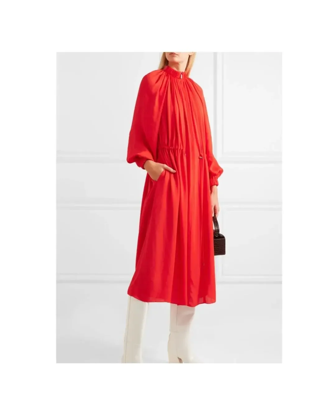 TIBI Red Gathered Adjustable Wasit crepe midi dress Red Medium